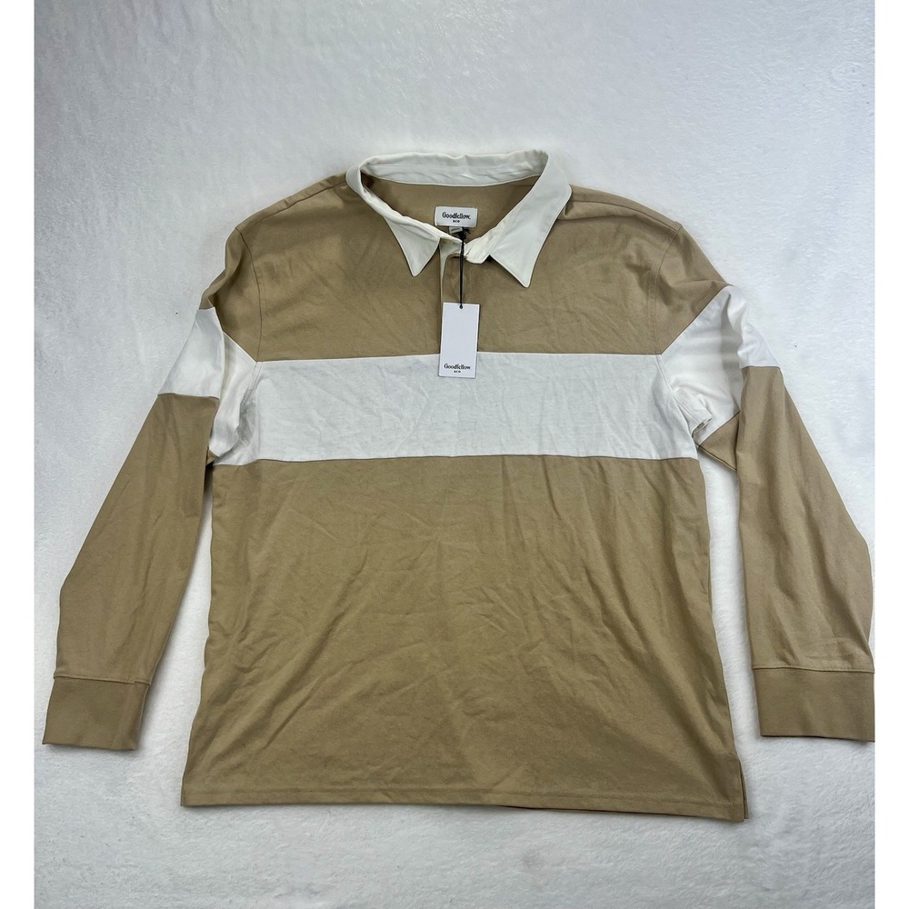 NWT Goodfellow & Co Rugby Polo Shirt Men's Sz XL Tan White Long Sleeve Collared